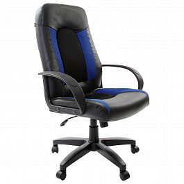 Кресло офисное BRABIX "Strike EX-525", экокожа черная, ткань черная/синяя, TW, 531380 - Фото предпросмотра