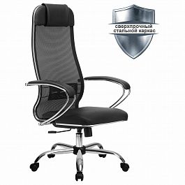 Кресло офисное МЕТТА "К-5.1" хром, ткань-сетка/кожа, сиденье мягкое, черное - Фото предпросмотра