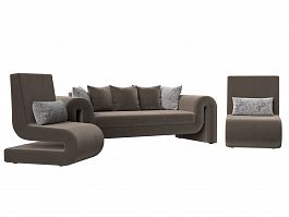 Волна набор 1 - диван, 2 кресла (полностью велюр коричневый) - Фото предпросмотра