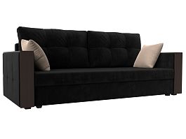 Прямой диван Валенсия Лайт (полностью велюр черный, подушки велюр ЧЕРН/беж) - Фото предпросмотра