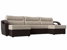 П-образный диван Форсайт (основа рогожка бежевая, компаньон экокожа коричневая) - Фото предпросмотра