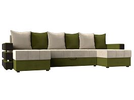 П-образный диван Венеция (основа микровельвет бежевый, компаньон микровельвет зеленый) - Фото предпросмотра