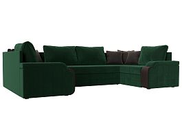 П-образный диван Николь (полностью велюр зеленый, вставка экокожа коричневая, подушки велюр зеленый, декоративные подушки велюр коричневый) - Фото предпросмотра
