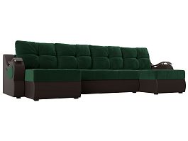 П-образный диван Меркурий (основа велюр зеленый, компаньон экокожа коричневая) - Фото предпросмотра