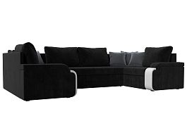 П-образный диван Николь (полностью велюр черный, вставка экокожа белая, подушки велюр черный, декоративные подушки велюр серый) - Фото предпросмотра