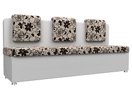 Кухонный прямой диван Маккон 3-х местный (основа Рогожка Цветы, компаньон экокожа белая) - Фото предпросмотра