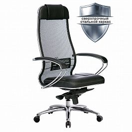Кресло офисное МЕТТА "SAMURAI" SL-1.04, сверхпрочная ткань-сетка/рециклированная кожа, черное - Фото предпросмотра