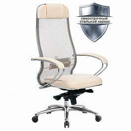 Кресло офисное МЕТТА "SAMURAI" SL-1.04, сверхпрочная ткань-сетка/рециклированная кожа, бежевое - Фото предпросмотра