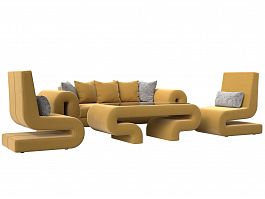 Волна набор 2 - диван, стол, 2 кресла (полностью микровельвет желтый) - Фото предпросмотра