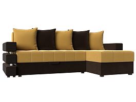 Угловой диван Венеция правый (основа микровельвет желтый, компаньон микровельвет коричневый) - Фото предпросмотра
