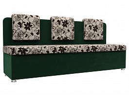 Кухонный прямой диван Маккон 3-х местный (основа Рогожка Цветы, компаньон велюр зеленый) - Фото предпросмотра