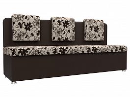 Кухонный прямой диван Маккон 3-х местный (основа Рогожка Цветы, компаньон экокожа коричневая) - Фото предпросмотра