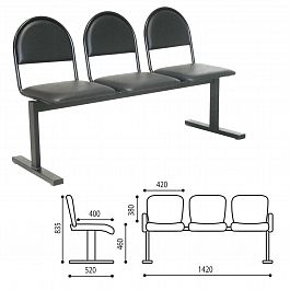 Кресло для посетителей трехсекционное "Тройка", 835х1420х520 мм, черный каркас, черный кожзам, СМ 91-03 К01 - Фото предпросмотра