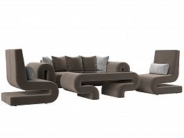 Волна набор 2 - диван, стол, 2 кресла (полностью велюр коричневый) - Фото предпросмотра
