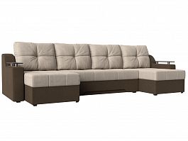 П-образный диван Сенатор (основа рогожка бежевая, компаньон рогожка коричневая) - Фото предпросмотра