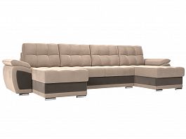 П-образный диван Нэстор (основа велюр бежевый, компаньон велюр коричневый) - Фото предпросмотра