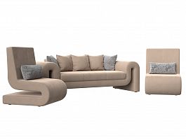 Волна набор 1 - диван, 2 кресла (полностью велюр бежевый) - Фото предпросмотра