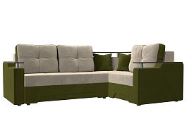 Угловой диван Комфорт правый (основа микровельвет бежевый, компаньон микровельвет зеленый) - Фото предпросмотра