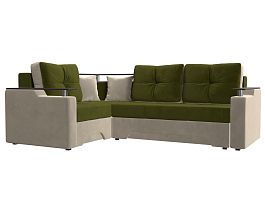 Угловой диван Комфорт левый (основа микровельвет зеленый, компаньон микровельвет бежевый) - Фото предпросмотра