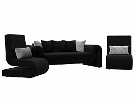Волна набор 1 - диван, 2 кресла (полностью микровельвет черный) - Фото предпросмотра