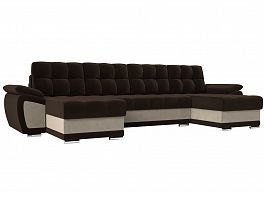 П-образный диван Нэстор (основа микровельвет коричневый, компаньон микровельвет бежевый) - Фото предпросмотра