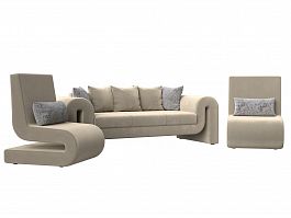 Волна набор 1 - диван, 2 кресла (полностью микровельвет бежевый) - Фото предпросмотра
