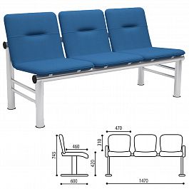 Кресло для посетителей трехсекционное "Троя", 745х1470х600 мм, светлый каркас, кожзам синий, СМ 105-03 К20 - Фото предпросмотра