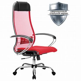 Кресло офисное МЕТТА "К-3" хром, ткань-сетка, сиденье и спинка регулируемые, красное - Фото предпросмотра