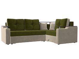 Угловой диван Комфорт правый (основа микровельвет зеленый, компаньон микровельвет бежевый) - Фото предпросмотра