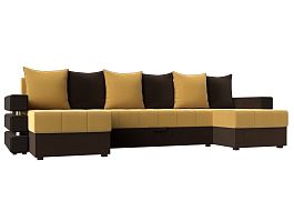 П-образный диван Венеция (основа микровельвет желтый, компаньон микровельвет коричневый) - Фото предпросмотра