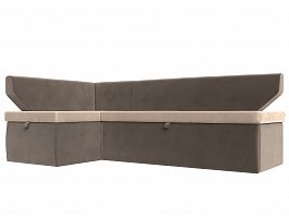 Кухонный угловой диван Омура левый (основа велюр бежевый, компаньон велюр коричневый) - Фото предпросмотра