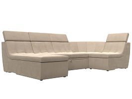 П-образный модульный диван Холидей Люкс (полностью велюр бежевый) - Фото предпросмотра