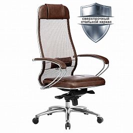 Кресло офисное МЕТТА "SAMURAI" SL-1.04, сверхпрочная ткань-сетка/рециклированная кожа, темно-коричневое - Фото предпросмотра