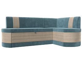 Кухонный угловой диван Токио правый (основа велюр бирюзовый, компаньон велюр бежевый) - Фото предпросмотра