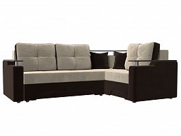 Угловой диван Комфорт правый (основа микровельвет бежевый, компаньон микровельвет коричневый) - Фото предпросмотра
