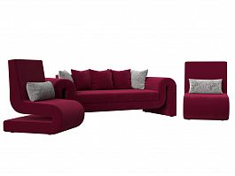 Волна набор 1 - диван, 2 кресла (полностью микровельвет бордовый) - Фото предпросмотра