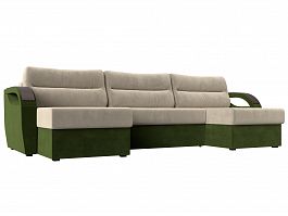 П-образный диван Форсайт (основа микровельвет бежевый, компаньон микровельвет зеленый) - Фото предпросмотра