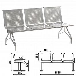 Кресло для посетителей трехсекционное "Стилл", 785х1555х580 мм, серебристое, СМ86/2-03 - Фото предпросмотра