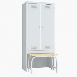 Шкаф металлический для одежды двухстворчатый с выдвижной скамьей 22816 - Фото предпросмотра
