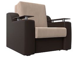 Кресло-кровать Сенатор 80 (основа велюр бежевый, компаньон экокожа коричневая) - Фото предпросмотра