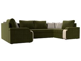 П-образный диван Николь (полностью микровельвет зеленый, вставка экокожа бежевая, подушки микровельвет зеленый, декоративные подушки микровельвет бежевый) - Фото предпросмотра