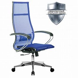 Кресло офисное МЕТТА "К-7" хром, прочная сетка, сиденье и спинка регулируемые, голубое - Фото предпросмотра