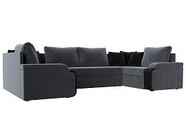 П-образный диван Николь (полностью велюр серый, вставка экокожа черная, подушки велюр серый, декоративные подушки велюр черный) - Фото предпросмотра