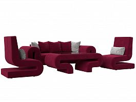 Волна набор 2 - диван, стол, 2 кресла (полностью микровельвет бордовый) - Фото предпросмотра