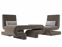 Волна набор 3 - стол, 2 кресла (полностью велюр коричневый) - Фото предпросмотра