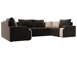 П-образный диван Николь (полностью велюр коричневый, вставка экокожа бежевая, подушки велюр коричневый, декоративные подушки велюр бежевый) - Фото предпросмотра