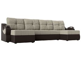 П-образный диван Меркурий (основа рогожка Корфу 02, компаньон экокожа коричневая) - Фото предпросмотра
