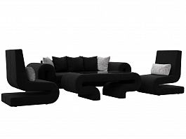 Волна набор 2 - диван, стол, 2 кресла (полностью микровельвет черный) - Фото предпросмотра