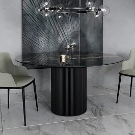 Стол раскладной круглый Nolan 120+40, керамика глянцевая, черная - Фото предпросмотра