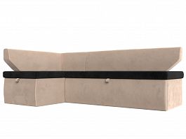Кухонный угловой диван Омура левый (основа велюр черный, компаньон велюр бежевый) - Фото предпросмотра